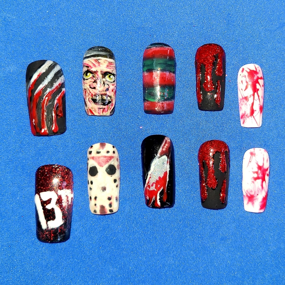 Hand painted Freddy Jason Halloween Nails - gel cured - glue/press on
